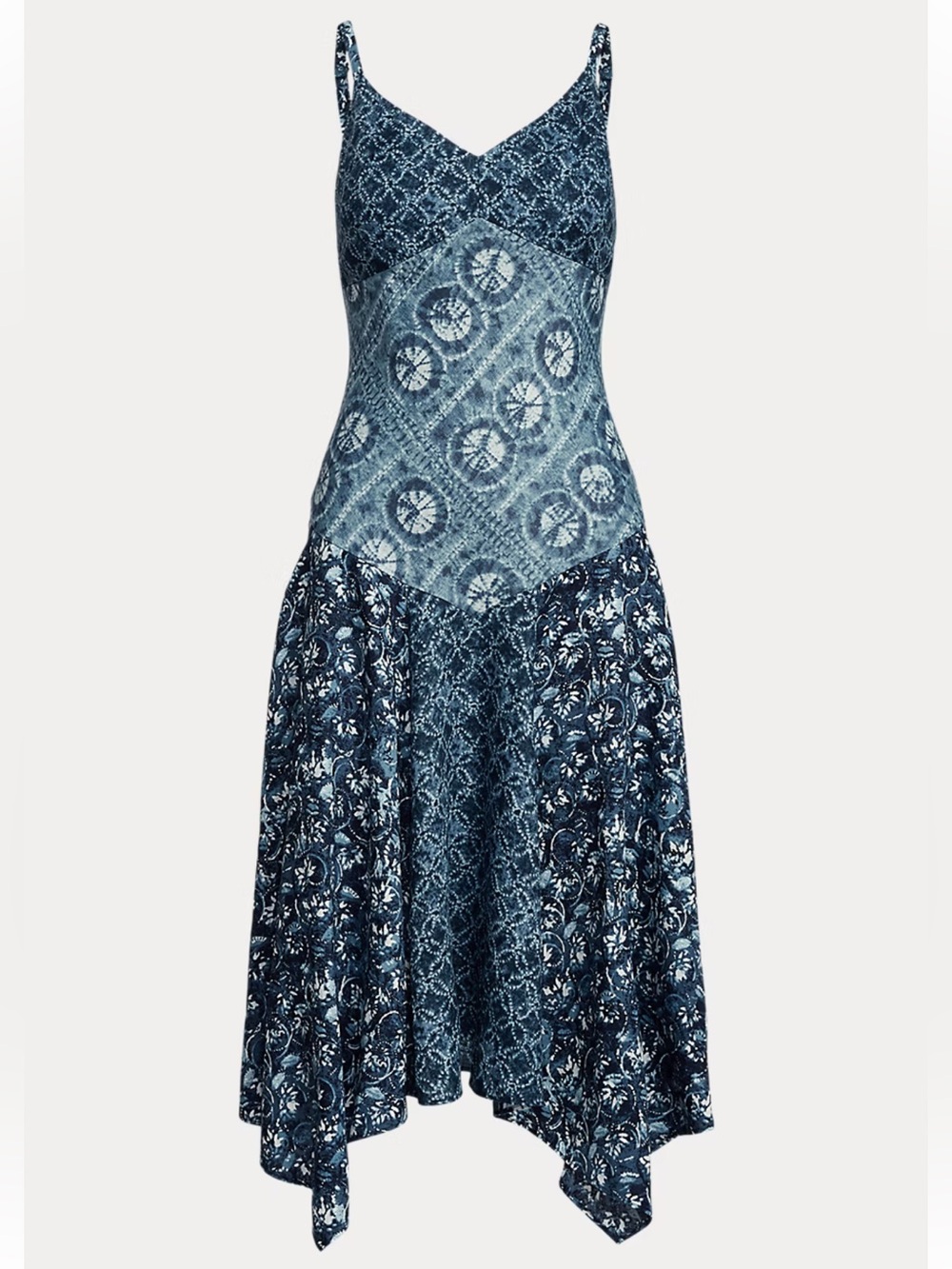 Ralph Lauren Navy Patchwork Asymmetrical Midi Dress Altered on Both Sides.